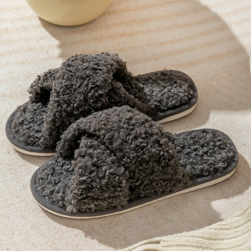 FrostStep cross-strap plush slipper – warm winter house shoes for women, view 4