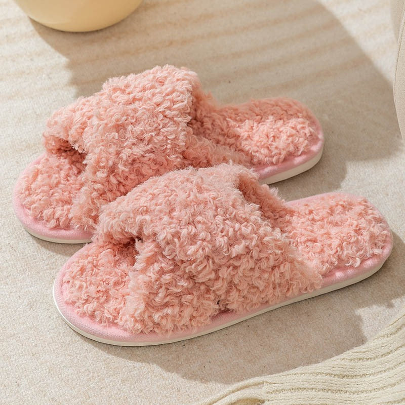 FrostStep cross-strap plush slipper – warm winter house shoes, side view
