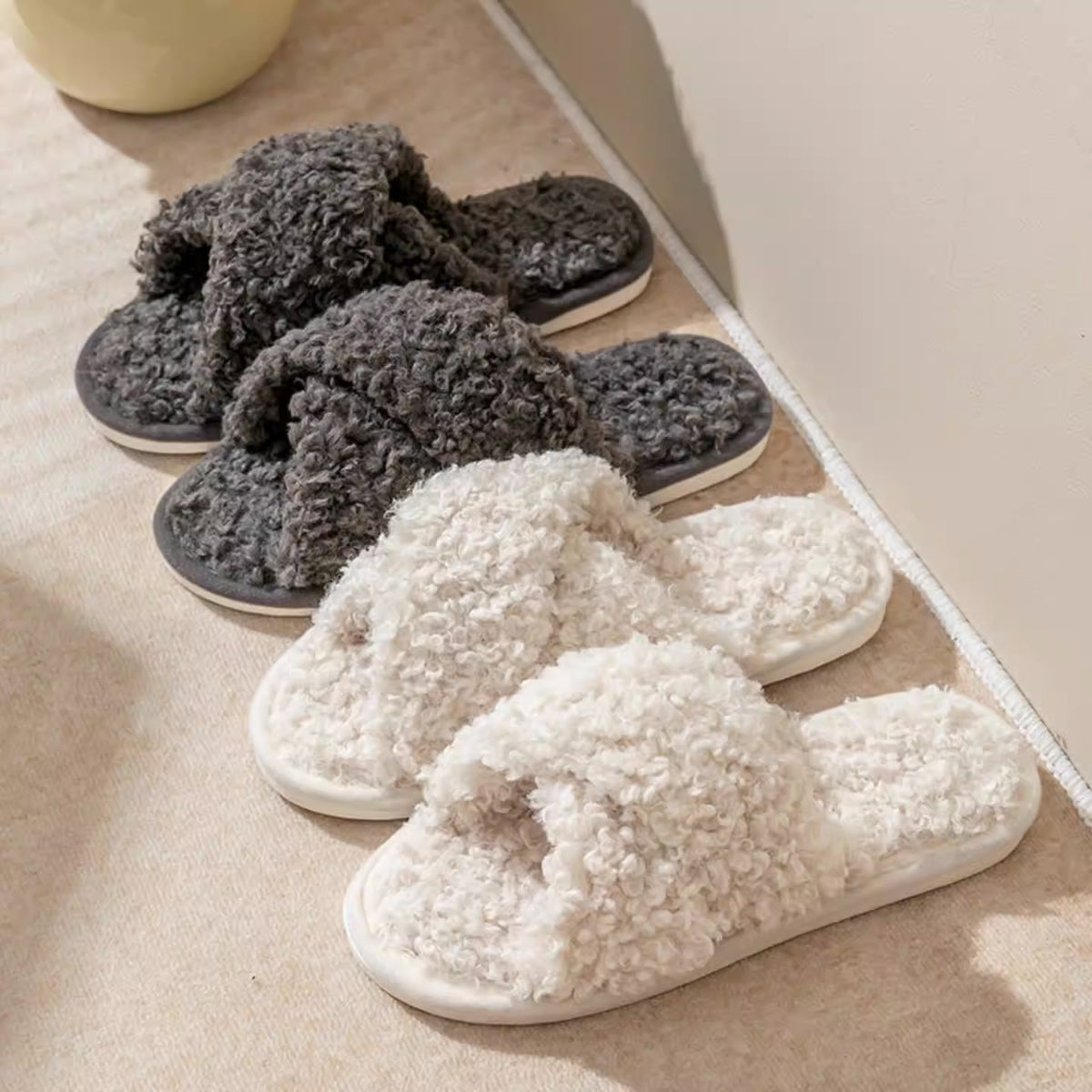 FrostStep cross-strap plush slipper – cozy slippers for women